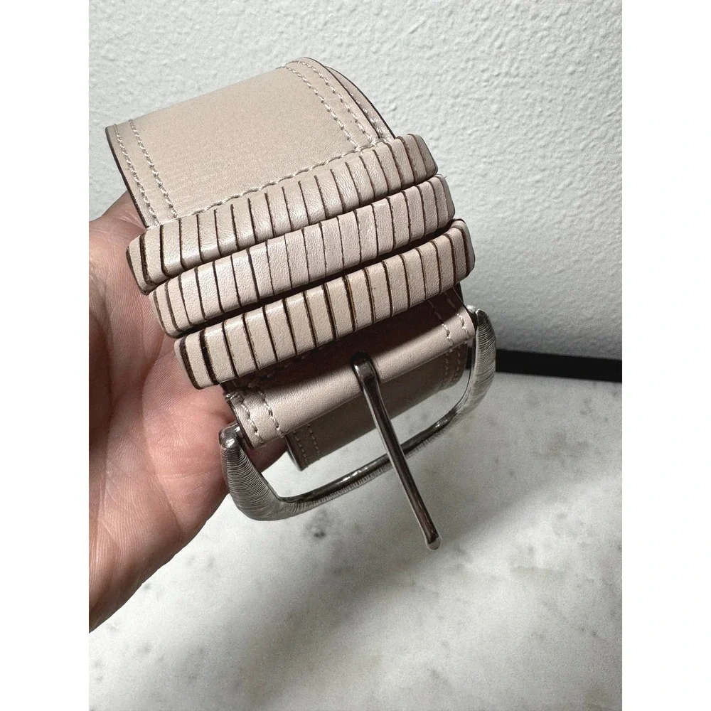 Chicos Wide Belt Womens L Taupe Gray Leather Silvertone Buckle Chic Classic Boho